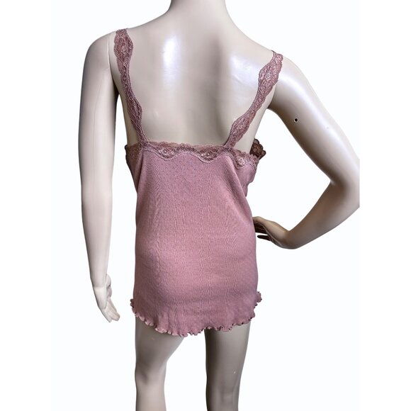 Moda International Pink Lace-Trimmed Camisole Top Medium 100% Cotton Coquette - Picture 15 of 15